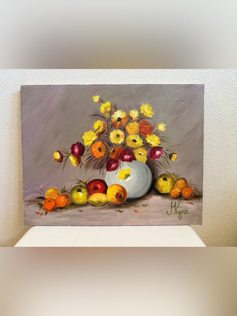 Vintage Signed Original Oil Painting Floral Still Life Fruit Canvas 18x14